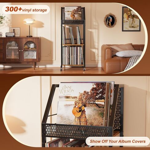 Emfogo Vinyl Record Storage Holder for 300 Albums, 3-Tier Rolling Record Shelf with Dividers and Record Display, Space-Saving Vinyl Record Stand with Wheels for Magazines, Books and CDs in Saudi Arabia