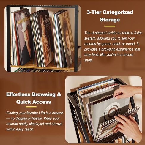 Emfogo Vinyl Record Storage Holder for 300 Albums, 3-Tier Rolling Record Shelf with Dividers and Record Display, Space-Saving Vinyl Record Stand with Wheels for Magazines, Books and CDs in Saudi Arabia