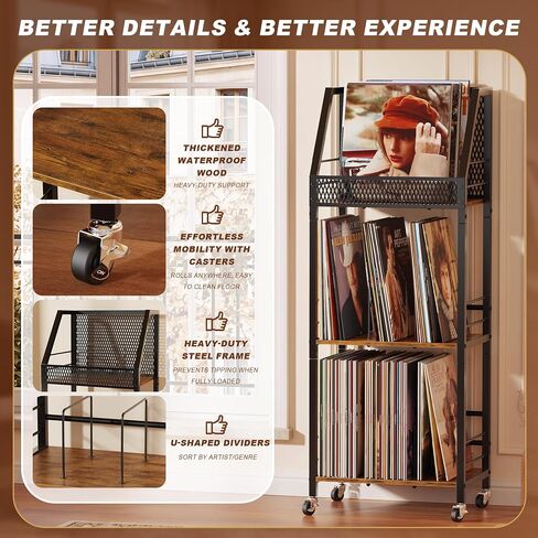 Emfogo Vinyl Record Storage Holder for 300 Albums, 3-Tier Rolling Record Shelf with Dividers and Record Display, Space-Saving Vinyl Record Stand with Wheels for Magazines, Books and CDs in Saudi Arabia