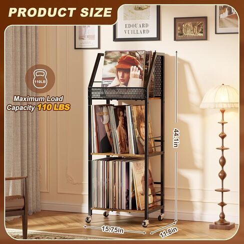 Emfogo Vinyl Record Storage Holder for 300 Albums, 3-Tier Rolling Record Shelf with Dividers and Record Display, Space-Saving Vinyl Record Stand with Wheels for Magazines, Books and CDs in Saudi Arabia