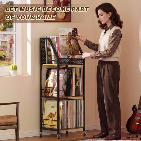 Emfogo Vinyl Record Storage Holder for 300 Albums, 3-Tier Rolling Record Shelf with Dividers and Record Display, Space-Saving Vinyl Record Stand with Wheels for Magazines, Books and CDs in Saudi Arabia