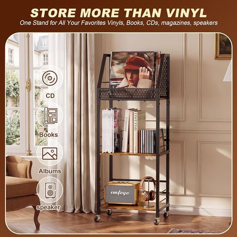 Emfogo Vinyl Record Storage Holder for 300 Albums, 3-Tier Rolling Record Shelf with Dividers and Record Display, Space-Saving Vinyl Record Stand with Wheels for Magazines, Books and CDs in Saudi Arabia