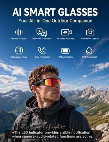 AI Smart Glasses,30MP Camera,4K HD Video Recording, Sport Sunglasses Orange in Saudi Arabia