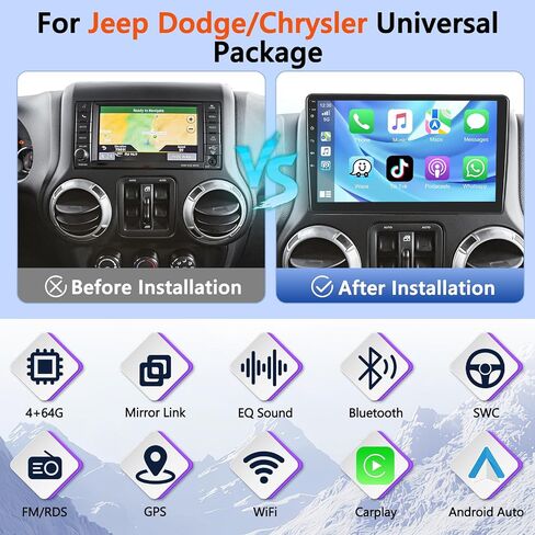 10 Inch Motorsi [4+64G] Wireless CarPlay Car Stereo Radio For Jeep Dodge/Chrysler Universal package, Touchscreen Bluetooth Audio with Android Auto GPS Navigation Mirror Link WiFi RDS Backup Camera MIC in Kuwait