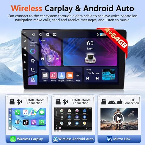 10 Inch Motorsi [4+64G] Wireless CarPlay Car Stereo Radio For Jeep Dodge/Chrysler Universal package, Touchscreen Bluetooth Audio with Android Auto GPS Navigation Mirror Link WiFi RDS Backup Camera MIC in Kuwait