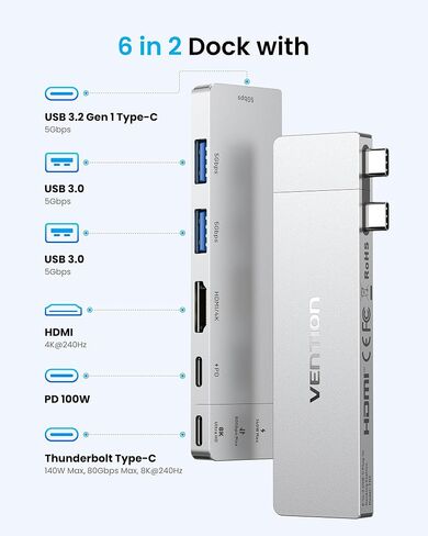 VENTION 6-in-2 USB C Hub for MacBook Neo/Air/PRO, 80Gbps Detachable Magnetic 8K USB-C Dock with 4K@240Hz HDMI, 140W MAX PD for Laptops/ipad, Charging Multiport Adapter(Silver) in Saudi Arabia