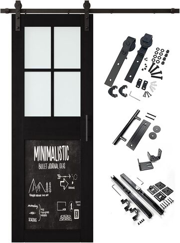 Black 50 in. x 84 in. Sliding Barn Door, Half Frosted Glass Cross Design with Chalkboard, Finished, Unassembled, Non-Bypass Kit for 9 ft Track, Interior Use in Saudi Arabia