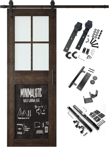 Ebony 50 in. x 84 in. Sliding Barn Door, Half Frosted Glass Cross Design with Chalkboard, Finished, Unassembled, Non-Bypass Kit for 9 ft Track, Interior Use in Saudi Arabia