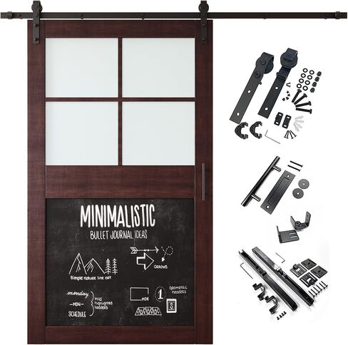 Red Mahogany 40 in. x 84 in. Sliding Barn Door, Half Frosted Glass Cross Design with Chalkboard, Finished, Unassembled, Non-Bypass Kit for 7 ft Track, Interior Use in Saudi Arabia