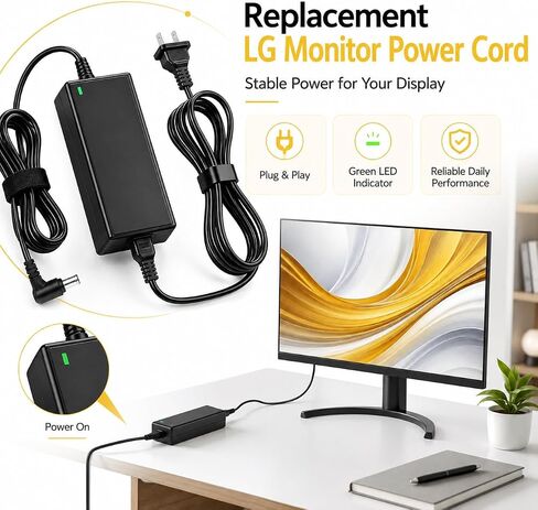 19V Monitor Power Cord for LG, 40W 2.1A DC Power Supply AC Adapter, 6.5 x 4.4mm DC-in Replacement Adapter for Select LED LCD Monitors in Kuwait