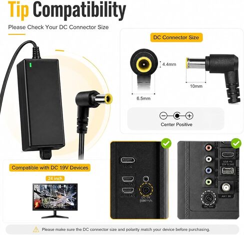 19V Monitor Power Cord for LG, 40W 2.1A DC Power Supply AC Adapter, 6.5 x 4.4mm DC-in Replacement Adapter for Select LED LCD Monitors in Kuwait