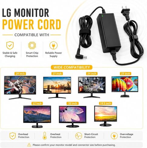 19V Monitor Power Cord for LG, 40W 2.1A DC Power Supply AC Adapter, 6.5 x 4.4mm DC-in Replacement Adapter for Select LED LCD Monitors in Kuwait
