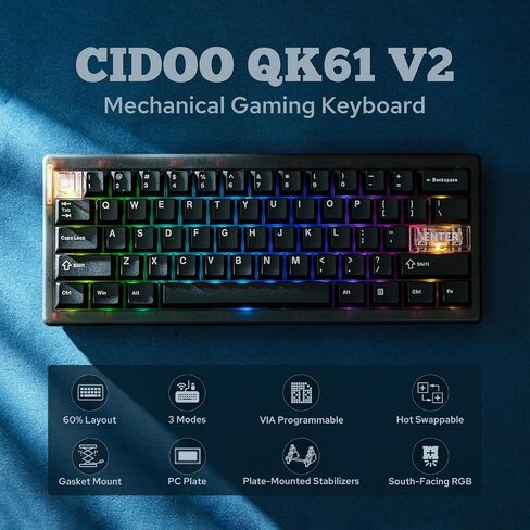 MechLands CIDOO QK61 V2 VIA Programmable 60% Compact Keyboard, USB-C/BT5.0/2.4Ghz Wireless, Hot Swappable Custom Mechanical Keyboard with Gasket Mounted, PC Plate, 3000mAh Battery for Win/Mac (Black) in Kuwait