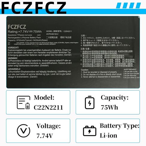 بطارية C22N2211 75Wh 9702mAh بديلة لـ Asus Zenbook 14 OLED UX3405MA UX3405ZA UX3405VA Series 0B200-04400000 2ICP5/49/120-2 7.74V in Kuwait