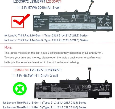 بطارية L23D3P71 57Wh 5040mAh بديلة لجهاز Lenovo ThinkPad L16 Gen 1 / L14 Gen 5 Series SB11H56298 5B11H56397 L23M3P71 5B11H56396 L23D3P72 5B11H56398 11.31V 3-Cell in Kuwait