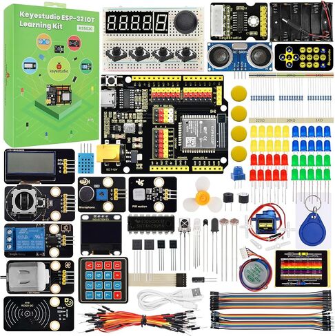 KEYESTUDIO ESP32 IoT Learning Kit for Beginners, Build Wi‑Fi & Bluetooth Smart Devices, Arduino IDE C/C++ and MicroPython Tutorials, Sensors, OLED, Motors & Complete Electronics Components in Saudi Arabia