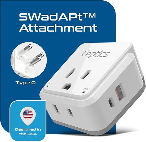 Ceptics Thailand Travel Adapter Set, 20W PD & QC, Type O - 3.1A - 4 in 1-2 USA Inputs, 1 USB Port, 1 USB-C Port - Compact, Powerful - Includes Type O Swadapt Attachments in Saudi Arabia