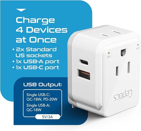 Ceptics Thailand Travel Adapter Set, 20W PD & QC, Type O - 3.1A - 4 in 1-2 USA Inputs, 1 USB Port, 1 USB-C Port - Compact, Powerful - Includes Type O Swadapt Attachments in Saudi Arabia