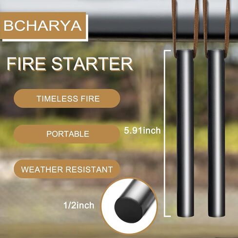 BCHARYA Fire Starter Survival Tool, Ferro Rod Kit with Leather Neck Lanyard and Multi-Tool Striker, Flint and Steel Survival Igniter with Tinder Rope and Tab for Camping, Hiking and Emergency in Saudi Arabia