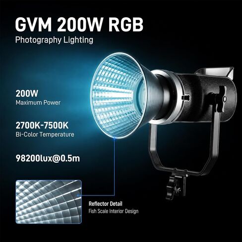 GVM 200W RGB LED Video Light, 2700K~7500K COB Photography Lighting with Bowens Mount/APP/DMX Control, 98200lux/0.5m Continuous Output Lighting for Studio Photography, 8 Effects in Saudi Arabia