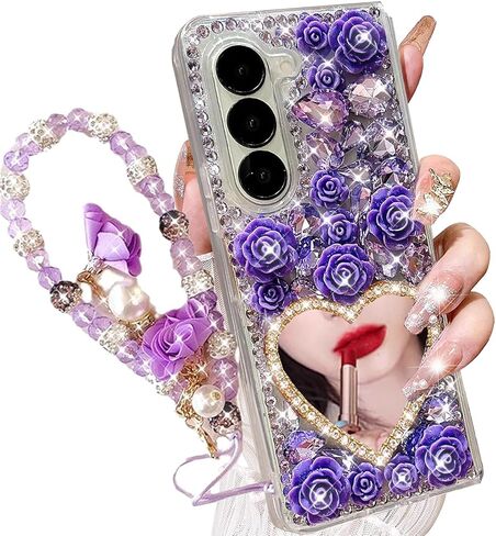 for Samsung Galaxy Z Fold 7 Bling Case Diamond Flower Sparkle Glitter Crystal Rhinestone Pearl Cute Love-Heart Mirror Wrist Bracelet Lanyard Cover for Girls Women for Galaxy Z Fold 7,Purple in Saudi Arabia