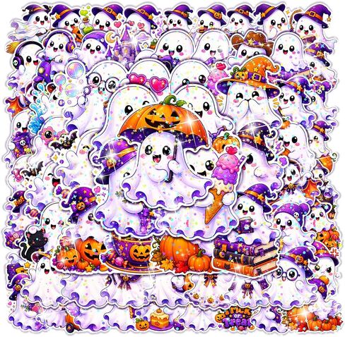 100 PCS Halloween Ghost Theme Glitter Holographic Stickers, Cute Ghost Decorative Stickers for Parties, Suitable for Children, Teens, and Adults, Ideal for Water Bottles, Laptops, and Cups in Saudi Arabia