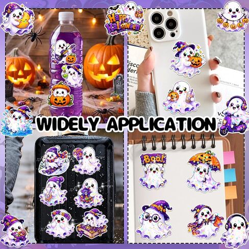 100 PCS Halloween Ghost Theme Glitter Holographic Stickers, Cute Ghost Decorative Stickers for Parties, Suitable for Children, Teens, and Adults, Ideal for Water Bottles, Laptops, and Cups in Saudi Arabia
