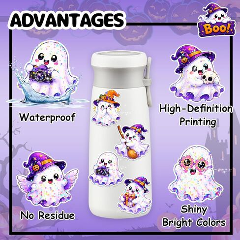 100 PCS Halloween Ghost Theme Glitter Holographic Stickers, Cute Ghost Decorative Stickers for Parties, Suitable for Children, Teens, and Adults, Ideal for Water Bottles, Laptops, and Cups in Saudi Arabia