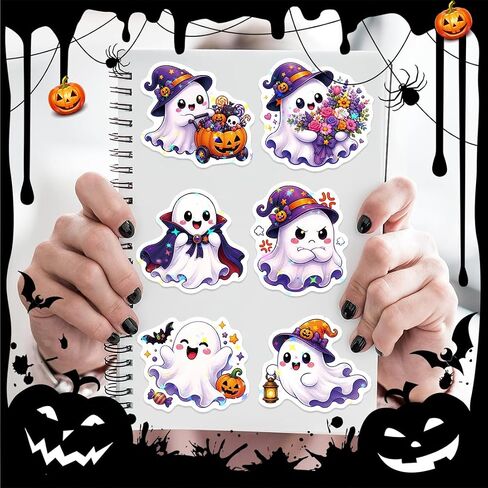 100 PCS Halloween Ghost Theme Glitter Holographic Stickers, Cute Ghost Decorative Stickers for Parties, Suitable for Children, Teens, and Adults, Ideal for Water Bottles, Laptops, and Cups in Saudi Arabia