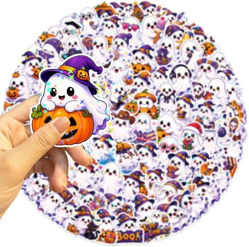 100 PCS Halloween Ghost Theme Glitter Holographic Stickers, Cute Ghost Decorative Stickers for Parties, Suitable for Children, Teens, and Adults, Ideal for Water Bottles, Laptops, and Cups in Saudi Arabia