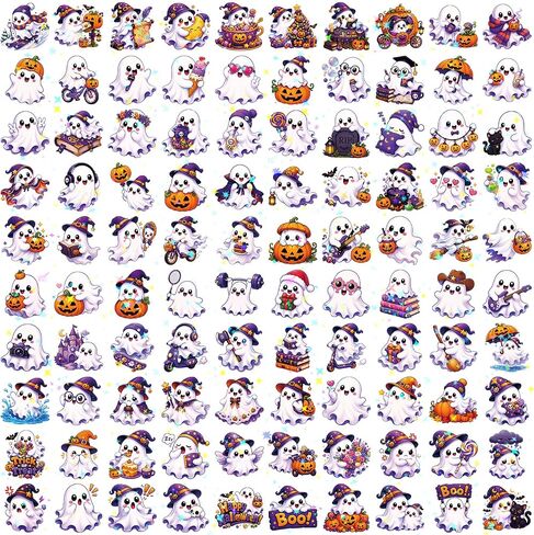 100 PCS Halloween Ghost Theme Glitter Holographic Stickers, Cute Ghost Decorative Stickers for Parties, Suitable for Children, Teens, and Adults, Ideal for Water Bottles, Laptops, and Cups in Saudi Arabia