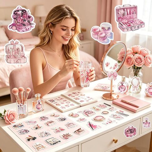 135pcs Makeup Stickers, Cute Girl Vinyl Waterproof Cosmetology Sticker for Laptop，Skateboard，Phone Case，Beauty Decals Gifts for Girls for Party Favors Supplies Decor in Saudi Arabia