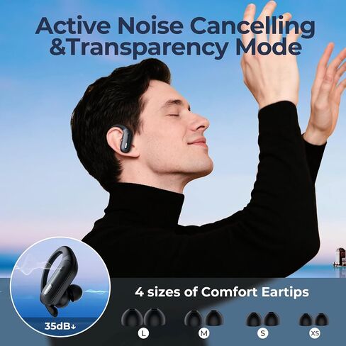 Active Noise Cancelling Wireless Earbuds Bluetooth Headphones 90 Hrs Playtime Ear Buds with Hi-Res Stereo Deep Bass Power Display Earphones with Earhooks Waterproof Transparency Headset Sports/Running in Saudi Arabia