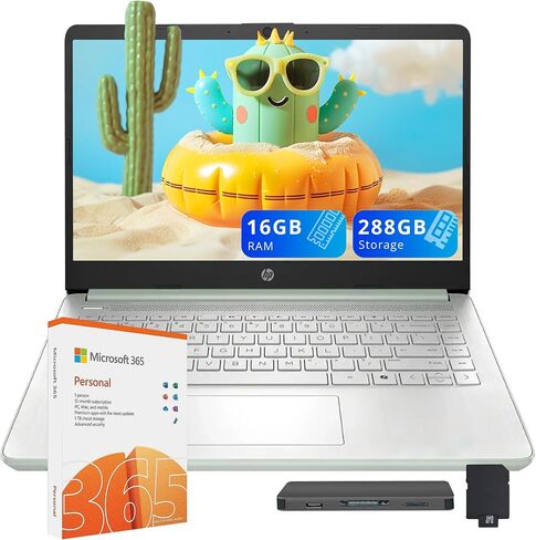 HP Stream 14" HD Laptop for Student & Business, Intel Processor N150, 16GB RAM, Intel Graphics, 288GB Storage(128GB UFS+160GB Docking Station Set),1 Year Office 365, Copilot, Wi-Fi 6, Win 11 S, Green in Kuwait