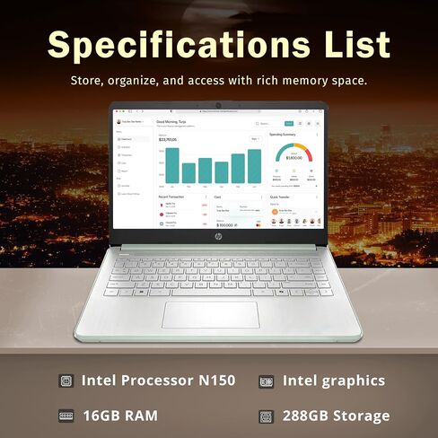 HP Stream 14" HD Laptop for Student & Business, Intel Processor N150, 16GB RAM, Intel Graphics, 288GB Storage(128GB UFS+160GB Docking Station Set),1 Year Office 365, Copilot, Wi-Fi 6, Win 11 S, Green in Kuwait