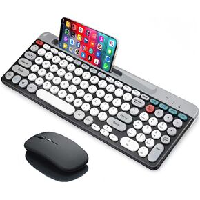 Wireless Keyboard and Mouse Combo with Phone Tablet Holder, Rechargeable Dual-Mode (Bluetooth 5.0 and 3.0 +2.4G) Multi-Device Silent Mouse for Windows, iPad, Tablet, MacOS,iOS,Android (Grey+White) in Saudi Arabia