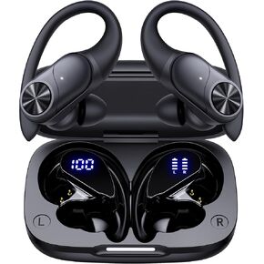 PocBuds Bluetooth Headphones Wireless Earbuds 80hrs Playtime Wireless Charging Case Digital Display Sports Ear Buds with Earhook Deep Bass IPX7 Waterproof Over-Ear Earphones for TV Phone Laptop Black in Saudi Arabia
