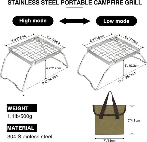 REDCAMP 6" Small Folding Campfire Grill, 304 Stainless Steel Firepit Grill Grate, Heavy Duty Portable Camping Grill with Carrying Bag for Outdoor Cooking Backpacking Hiking Picnics BBQ in Saudi Arabia