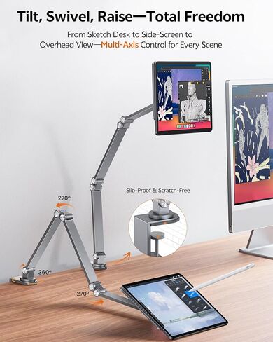 LULULOOK [Upgrade] Magnetic Wireless Charging Stand for iPad Pro 11" M5 & M4, Rock Steady iPad Stand for Desk with Foldable Aluminum Alloy Arm, Adjustable Tablet Mount with 2M Braided Cable in Saudi Arabia