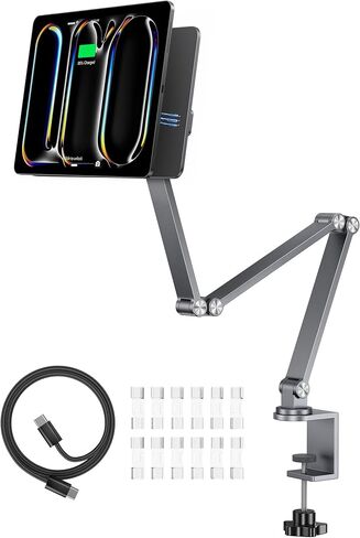 LULULOOK [Upgrade] Magnetic Wireless Charging Stand for iPad Pro 11" M5 & M4, Rock Steady iPad Stand for Desk with Foldable Aluminum Alloy Arm, Adjustable Tablet Mount with 2M Braided Cable in Saudi Arabia
