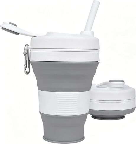 IYYI Collapsible Travel Cup, Silicone Coffee Cup with Lid, 20.3 oz Travel Coffee Mug with Straw, Folding Cup for Hiking Camping Office - Dishwasher Safe (Khaki) in Saudi Arabia
