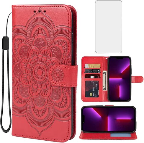 Case for iPhone 13 Case, iPhone 14 Wallet Case with Tempered Glass Screen Protector, Embossed Mandala Leather Flip Credit Card Holder Stand Phone Cover Cases for Apple iPhone 13 Brown in Saudi Arabia