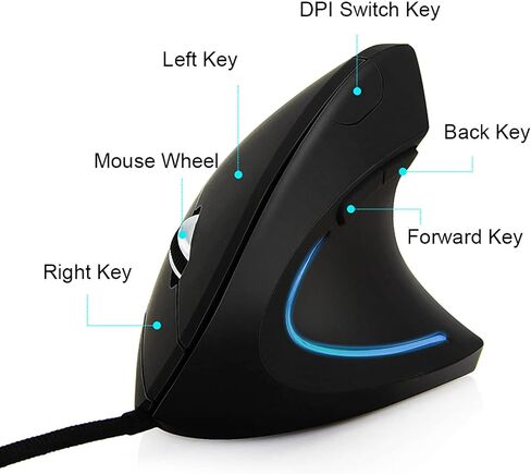 Ergonomic Vertical Gaming Mouse,800‑1200‑2000‑3200 DPI Adjustable Optical LED, Smart Connection, Gaming Mouse, Plug and Play, for (Black) in Kuwait