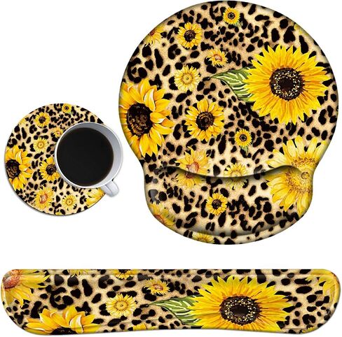 Keyboard Wrist Rests and Gel Mouse Pad with Wrist Support Set + Cup Coaster, Wrist Support for Keyboard and Mouse w/Vivid Designs, Wrist Support for Keyboard Office Home School - Sunflower Leopard in Saudi Arabia