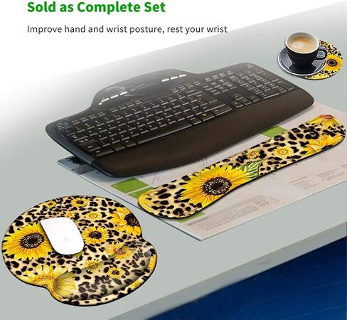 Keyboard Wrist Rests and Gel Mouse Pad with Wrist Support Set + Cup Coaster, Wrist Support for Keyboard and Mouse w/Vivid Designs, Wrist Support for Keyboard Office Home School - Sunflower Leopard in Saudi Arabia