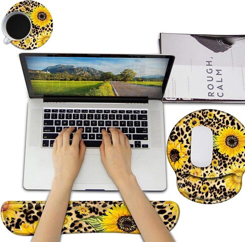 Keyboard Wrist Rests and Gel Mouse Pad with Wrist Support Set + Cup Coaster, Wrist Support for Keyboard and Mouse w/Vivid Designs, Wrist Support for Keyboard Office Home School - Sunflower Leopard in Saudi Arabia