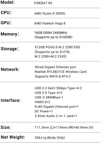 FIREBAT R2 Mini PC(High-Performance Solution) with AMD Ryzen5 3500U (Beats 4300U/N150/3300U) 4C/8T, 16GB DDR4 RAM 512GB SSD, WiFi5 BT4.2, Dual HDMI2.0, Portable Desktop Computer in Saudi Arabia