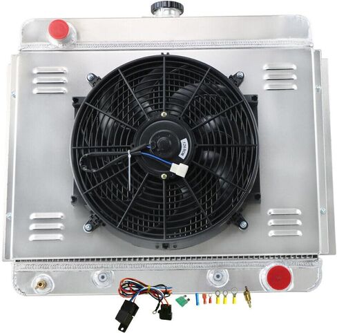 Automotive Replacement Engine Radiators 4 Row Radiator Shroud Fan with Thermostat Relay Kit For Chevy Nova Chevy II L6 V8 1962-1967 Aluminum Radiator Fan in Saudi Arabia