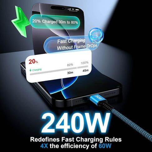 240W USB C Cable Fast Charging 10FT Type C Charger Cable Android Phone Cord in Kuwait