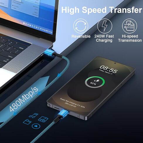 240W USB C Cable Fast Charging 10FT Type C Charger Cable Android Phone Cord in Kuwait